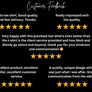 May include: Customer feedback for a product with five-star ratings. The text reads "Cute tee shirt. Good quality and fast delivery. Thanks." "Really impressed with the quality." "Very happy with this purchase but what's even better than the t-shirt is the client service provided and how Mark and Mandy go above and beyond, thank you for your kindness and communication." "Excellent product, excellent seller, excellent customer service." "A quality, unique design which was just what I was after. Great communication from the sellers."