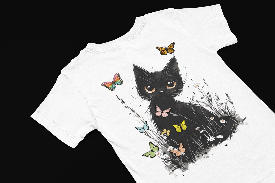 Black Cat and Butterfly Floral T-shirt Cat Tee Women's Flower T Shirt ...