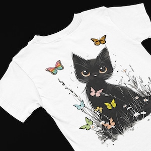 Black Cat and butterfly floral T-Shirt Cat tee Women&#39;s flower t shirt Butterflies shirt Kitty cat tee Cat lover gift Mom gift