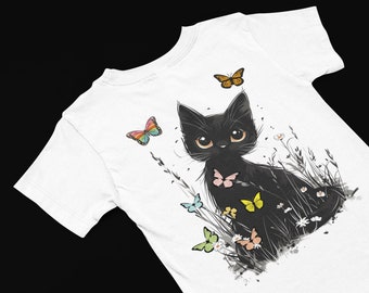 Black Cat and butterfly floral T-Shirt Cat tee Women's flower t shirt Butterflies shirt Kitty cat tee Cat lover gift Mom gift