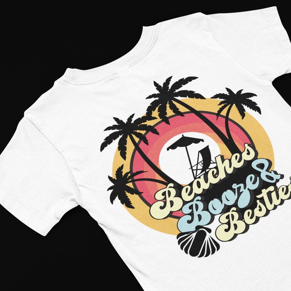 Beaches booze and besties t shirt, Retro Summer Tee, Beach lover gift, scene apparel, Palm tree island shirt, Sun shirt, women's beach wear