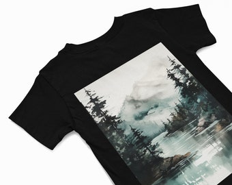 Bergkette mit See T-Shirt, Fichtenbaum-Silhouette-T-Shirt, Waldland-Shirt, Aquarellgrafik-Shirt, Natur-T-Shirt, Camping-Liebhabergeschenk