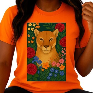 Custom Botanical  Cat tee Floral Cougar T-Shirt Personalized Wildlife gift Animal and Botanical Nature Graphic Shirt Mountain Lion tshirt