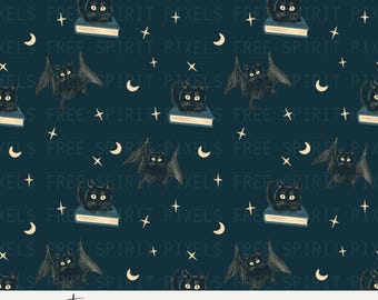Halloween Cat and Books Seamless Pattern Tile, Digital Download, Cat Seamless for Fabric Printing, Sublimation, Digital Paper, Cat Pattern