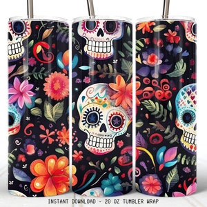 Dia de Los Muertos 20oz Tumbler Wrap - Día de los Muertos Halloween Vaso Sublimación Diseño Colorido Calavera Diseño con Flores