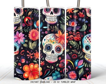 Dia de Los Muertos 20oz Tumbler Wrap - Day of the Dead Halloween Tumbler Sublimation Design Colorful Skull Design with Flowers