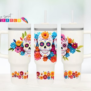 Dia de Los Muertos 40oz Tumbler Wrap - Día de los Muertos Halloween Vaso Sublimación Diseño Colorido Calavera Diseño con Flores