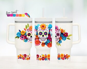 Dia de Los Muertos 40oz Tumbler Wrap - Day of the Dead Halloween Tumbler Sublimation Design Colorful Skull Design with Flowers