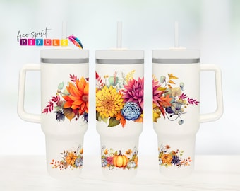40oz Tumbler Wrap - Autumn Fall Vibes PNG Tumbler Design Sublimation Designs Downloads - Floral Pumpkins Sublimation Tumbler