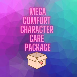 May include: A graphic design featuring the text MEGA COMFORT CHARACTER CARE PACKAGE in pink capital letters centered over a purple and blue geometric polygonal background. Below the text is a simple line drawing of an open cardboard box.