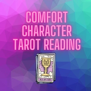 May include: Image features a tarot card reading advertisement. The text "COMFORT CHARACTER TAROT READING" is in pink, set against a geometric background of pink, blue, and green. The Ace of Cups card is visible.