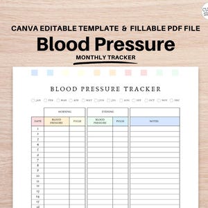 May include: A printable blood pressure tracker template with the title "Blood Pressure Monthly Tracker." The document includes sections for recording morning and evening readings, with spaces for date, blood pressure, pulse, and notes. The template is designed for easy tracking.