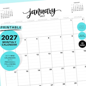 May include: A white printable 2027 monthly calendar page for January. The layout features a grid with numbered days, a header with the month name, and small reference calendars for December 2026 and February 2027. The design is black and white.