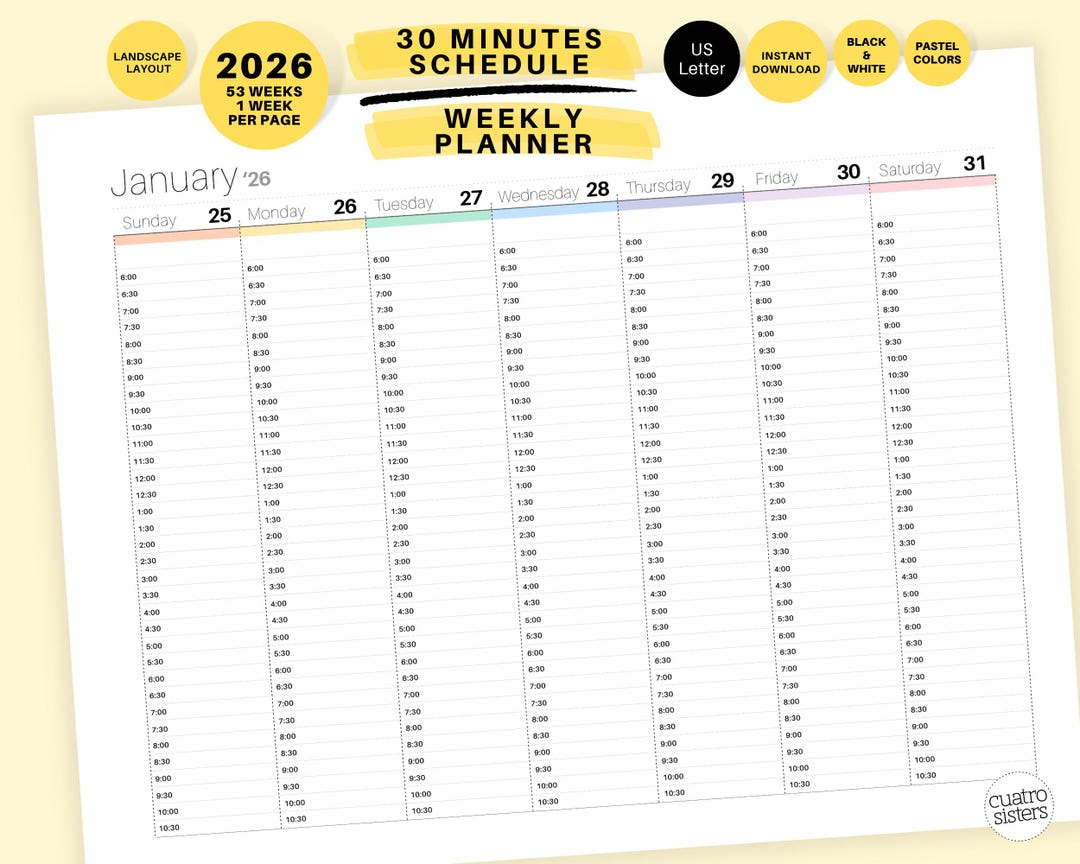 2026 Weekly Planner Printable: 30-minute Schedule (digital Download) - Etsy