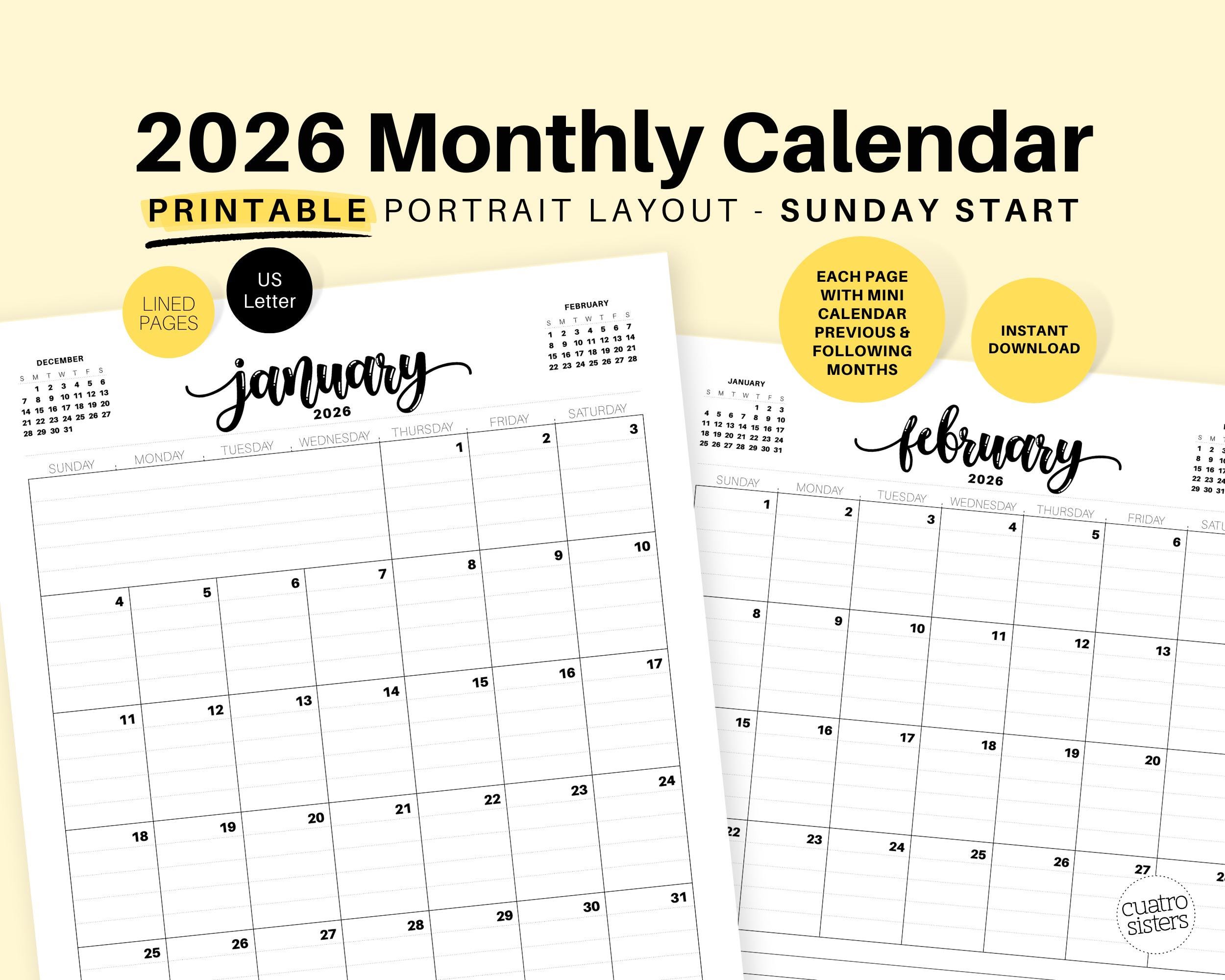 2026 Monthly Calendar Printable Portrait Layout US Letter. Digital
