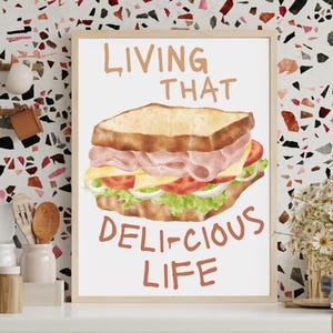 Arte mural de sándwiches / Vive una vida deliciosa / Póster de comida divertida / Decoración de cocina / Arte mural para cafeterías / Arte imprimible para amantes de la comida
