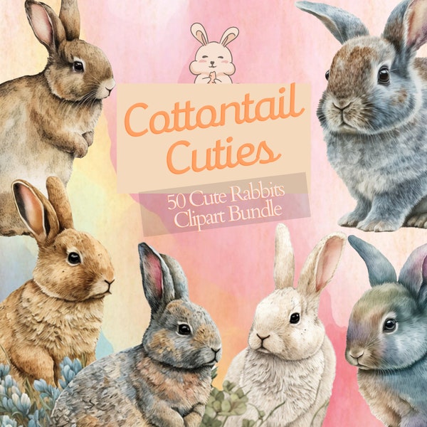 50x files - Cottontail Cuties: A Cute Watercolour Bunny Rabbit Clipart Bundle