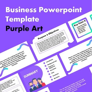 Peut inclure: Un modèle de présentation PowerPoint pour les entreprises en violet et blanc avec le texte "Modèle de présentation PowerPoint Art violet" en haut. Le modèle comprend une section de résumé avec trois personnages de dessin animé, une section sur le but et les objectifs, et une section sur les points clés. Le modèle comprend également des instructions sur la façon d'utiliser la transition de morphing.