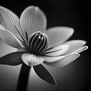 May include: A black and white photograph of a single flower with delicate petals and a central, intricate structure.