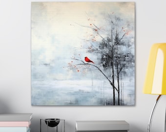 Red Cardinal Winter Art: Oil Painting Style Canvas Print
