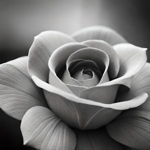 May include: A close-up of a single, white rose in black and white. The rose is in full bloom, with its petals curled inwards.
