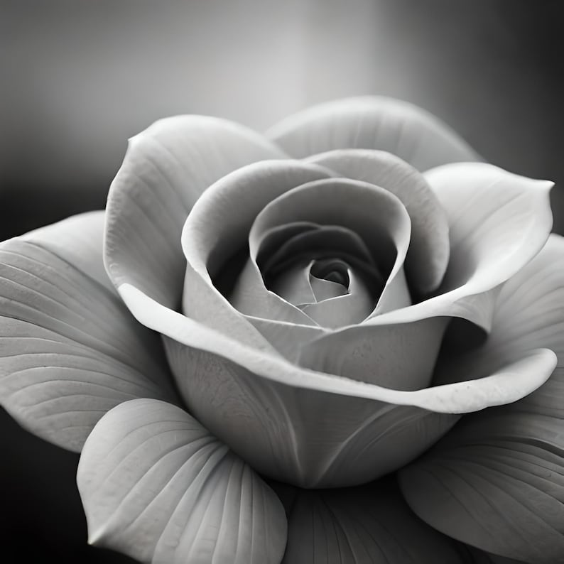 May include: A close-up of a single, white rose in black and white. The rose is in full bloom, with its petals curled inwards.