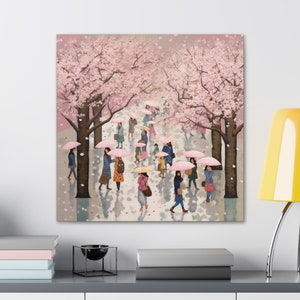 Contemporary Oriental Art Japanese Cherry Blossom Women with Umbrellas Sakura Blossom Canvas
