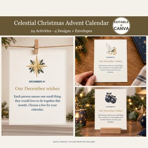 Può includere: Un set di calendario dell'Avvento natalizio celeste con 24 attività in 4 design con buste. Le carte mostrano illustrazioni festive come una stella dorata, una colomba bianca e ornamenti blu con il testo Our December wishes.