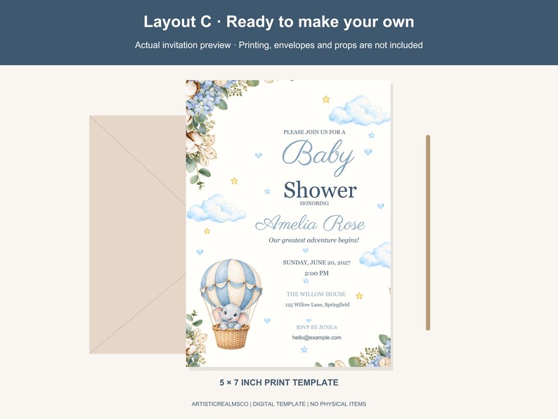 Mobile Homepage Layout Example Elephant Sky Voyage Baby Shower Invitation, 3 Layouts, Editable Canva ...
