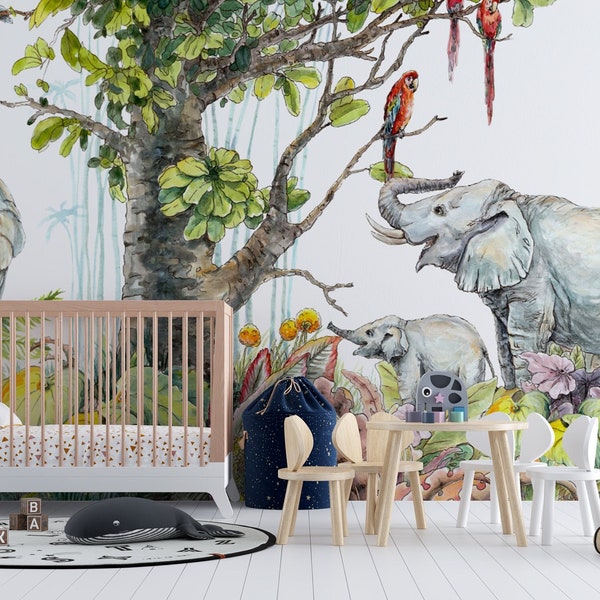 Jungle éléphants papier peint, aquarelle enfants chambre murale peler et coller Wall Art facile amovible motif bébé chambre d’enfant