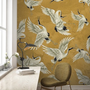 Vintage Crane Birds Wall Decor, Peel and Stick, Vintage Crane Birds Mural, Removable Wallpaper, Heron Wall Mural image 1