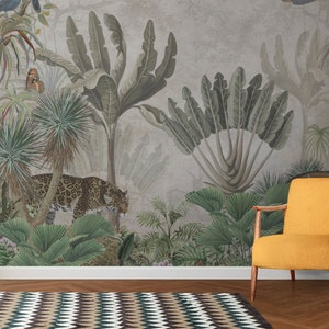 Tropical Jungle with Jaguar, Tropical Wallpaper, Peel and Stick Mural Wallpaper, Removable Wallpaper, Self Adhesive, Art Deco Wallpaper