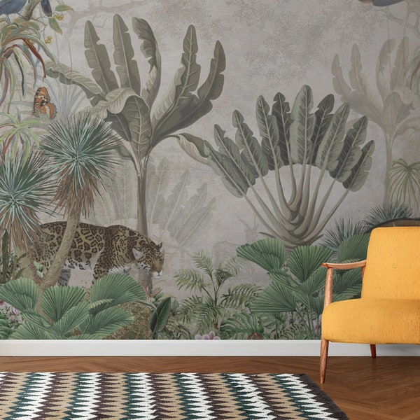 Tropical Jungle with Jaguar, Tropical Wallpaper, Peel and Stick Mural Wallpaper, Removable Wallpaper, Self Adhesive, Art Deco Wallpaper