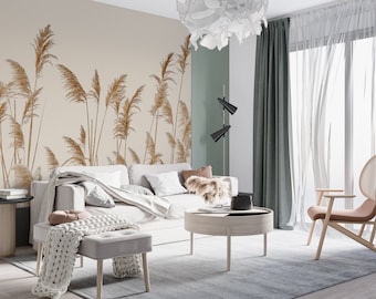 Duingrasbehang Peel and Stick | Boho Grass Wall Mural Soft Meadow Wallpaper Pampas Landscape Wallpaper