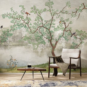 Chinoiserie Peel and Stick Wallpaper, Home Decor Wallpaper Wall Mural, Vintage Background Birds Tree Floral Wallpaper, Murale murale rimovibile