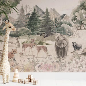 Carta da parati murale Whimsical Woodland – Carta da parati con volpe, cervo e orso per la cameretta dei bambini – Carta da parati staccabile e rimovibile