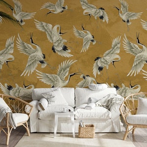 Vintage Crane Birds Wall Decor, Peel and Stick, Vintage Crane Birds Mural, Removable Wallpaper, Heron Wall Mural image 3