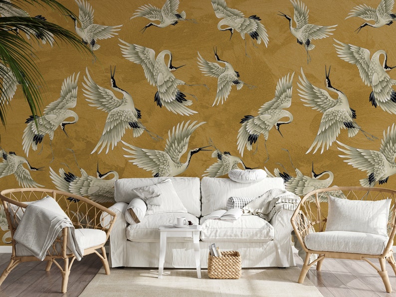 Vintage Crane Birds Wall Decor, Peel and Stick, Vintage Crane Birds Mural, Removable Wallpaper, Heron Wall Mural image 3