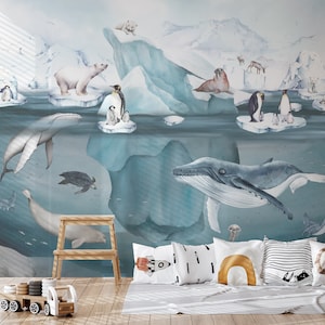 Arctic sea wall mural, Arctic sea wallpaper with whale, penguin Polar Bear for nursery, Peel and Stick, Removable wallpaper