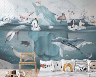 Arctic sea wall mural, Arctic sea wallpaper with whale, penguin Polar Bear for nursery, Peel and Stick, Removable wallpaper