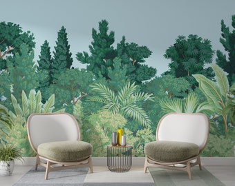 Watercolor Vintage Design Tropical Wallpaper,Peel and Stick wallpaper, Vintage Forest Removable wallpaper, Customizable Wall Mural