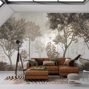 Nebliger Wald mit Rehen Tapete abziehen und aufkleben, Vintage historisches szenisches Wandbild, Landschaft Tapete, entfernbare Tapete