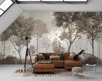 Foggy forest with deer Wallpaper Peel and Stick, Vintage Historical Scenic Wall Mural, Landscape Wallpaper, Removable Wallpaper