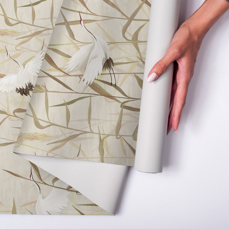 Crane Birds Wallpaper Peel and Stick Boho Grass Wall Mural - Etsy UK