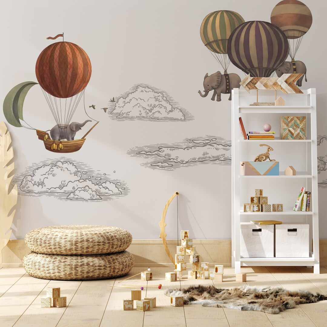 Wallpaper Peel and Stick Baby Room Elephants on the Balloon Etsy
