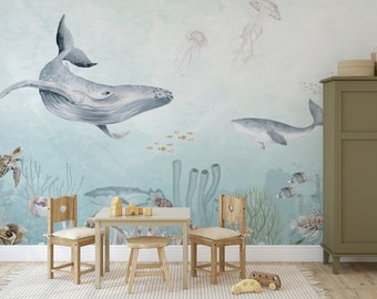 Under the sea wall mural, Underwater wallpaper with whale, turtle for nursery, Peel and Stick, Removable wallpaper