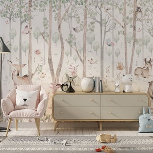 Wallpaper Peel and Stick - Watercolor Forest Animal Friends | Nursery and child's room wallmural removable