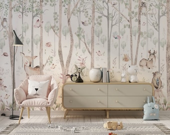 Wallpaper Peel and Stick - Watercolor Forest Animal Friends | Nursery and child's room wallmural removable