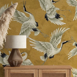 Vintage Crane Birds Wall Decor, Peel and Stick, Vintage Crane Birds Mural, Removable Wallpaper, Heron Wall Mural image 2