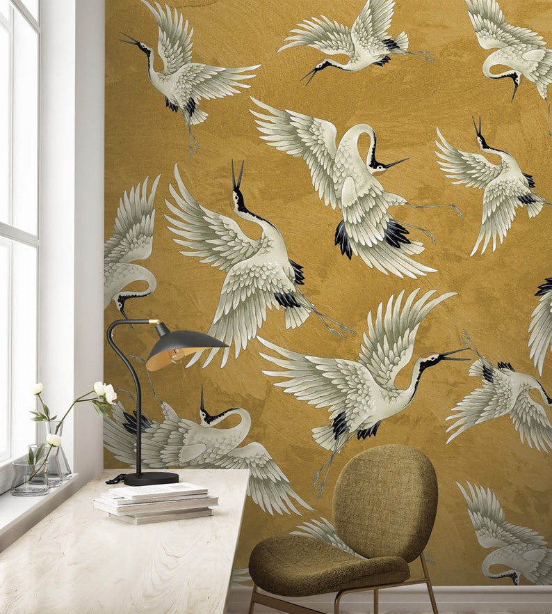 Vintage Crane Birds Wall Decor, Peel and Stick, Vintage Crane Birds Mural, Removable Wallpaper, Heron Wall Mural image 1